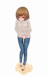 Rule 34 | 1girl, between legs, blue pants, breasts, breath, brown footwear, brown hair, embarrassed, female focus, full body, grey sweater, half-closed eyes, hand between legs, have to pee, ikapon taro, long sleeves, medium breasts, open mouth, original, own hands together, pants, peeing, peeing self, puddle, purple eyes, shoes, short hair, simple background, solo, standing, steam, sweater, tears, textless version, trembling, wet, wet clothes, white background