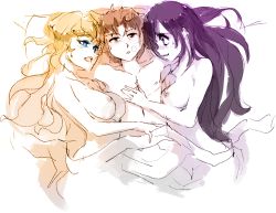 Rule 34 | 10s, 1boy, 2girls, afterglow, aftersex, blonde hair, blue eyes, blush, breasts, brown eyes, brown hair, cuddling, ffm threesome, girl sandwich, group sex, hand on another&#039;s chest, heavy breathing, hetero, ikezawa hanako, katawa shoujo, large breasts, long hair, lying, medium breasts, multiple girls, nakai hisao, nipples, nude, on back, on bed, on side, open mouth, purple eyes, purple hair, rtil, sandwiched, satou lilly, scar, sketch, smile, sweat, threesome, under covers