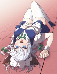 Rule 34 | 1girl, absurdres, apron, blue eyes, bow, braid, breasts, green bow, high heels, highres, izayoi sakuya, large breasts, looking at viewer, lying, maid, maid apron, maid headdress, on back, open mouth, sei (kaien kien), short hair, silver hair, skirt, solo, thighhighs, thighs, touhou, twin braids, white thighhighs