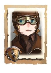 Rule 34 | 1girl, blonde hair, blue eyes, candy, closed mouth, company of heroes, food, food in mouth, goggles, hair between eyes, hat, lollipop, military, military hat, military uniform, original, pilot, pilot helmet, pilot suit, portrait, solo, uniform, united states air force, world war ii, zhainan s-jun