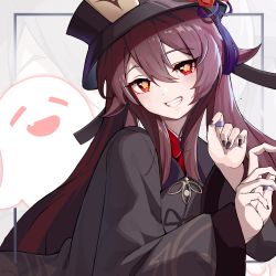 Rule 34 | 1girl, absurdres, black nails, blush, brown hair, chinese clothes, closed eyes, fang, genshin impact, ghost, half-closed eyes, hat, highres, hu tao (genshin impact), jewelry, long sleeves, looking at viewer, makir, nail polish, open mouth, red eyes, ring, smile, solo, teeth, top hat, twintails, wide sleeves