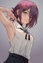 Rule 34 | 1girl, absurdres, armpits, black choker, black hair, black ribbon, black shorts, blush, breasts, chainsaw man, choker, closed mouth, collared shirt, commentary, drid, gradient background, green eyes, grenade pin, grey background, hair between eyes, hair bun, highres, lips, looking at viewer, medium breasts, neck ribbon, pulling, reze (chainsaw man), ribbon, shirt, shirt tucked in, short hair, shorts, simple background, single hair bun, sleeveless, sleeveless shirt, smile, solo, twitter username, upper body, white shirt, wing collar