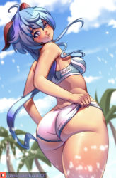 Rule 34 | 1girl, ahoge, ass, bare shoulders, blue hair, blush, breasts, clothes pull, cloud, cloudy sky, eyelashes, feet out of frame, from behind, ganyu (genshin impact), genshin impact, gluteal fold, goat horns, highres, horns, huge ass, kagato007, long hair, looking at viewer, looking down, medium breasts, outdoors, palm tree, patreon username, pout, pulled by self, red eyes, shiny skin, short shorts, shorts, shorts pull, sideboob, sky, solo, sportswear, thick thighs, thighs, tree, very long hair, volleyball uniform, watermark, web address