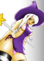 Rule 34 | 1girl, bikini, blush, breasts, from below, green eyes, hat, large breasts, long hair, otama (umbilicalcord), panties, pantyshot, perspective, solo, swimsuit, thighhighs, underboob, underwear, wand, white hair, witch, witch hat