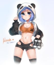 Rule 34 | 1girl, animal hood, baggy clothes, black shorts, black thighhighs, blue eyes, blue hair, blush, borrowed character, breasts, character name, cleavage, commentary, cropped legs, english commentary, groin, highres, hip vent, holding, holding shoes, hood, hood up, looking at viewer, lowleg, lowleg shorts, medium breasts, midriff, bae minah (chaesu), navel, nii-tuber, nike (company), orange sports bra, original, panda hood, paw print, shoes, shorts, shrug (clothing), sneakers, solo, sports bra, standing, thighhighs, toned, unworn shoes