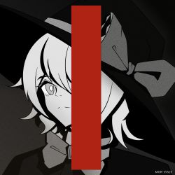 Rule 34 | 1girl, absurdres, album cover redraw, bow, bowtie, bright pupils, capelet, closed mouth, commentary request, cookie (touhou), derivative work, duojiaomaotou-tougarashi, expressionless, greyscale, hair between eyes, hat, hat bow, highres, hirasawa susumu, kirisame marisa, kyuusai no gihou, looking at viewer, meguru (cookie), monochrome, one eye covered, portrait, short hair, solo, spot color, touhou, witch hat