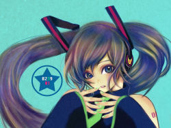 Rule 34 | 1girl, bad id, bad pixiv id, blue eyes, green nails, hatsune miku, headset, long hair, nail polish, nayu, necktie, solo, star (symbol), twintails, vocaloid
