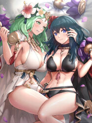 Rule 34 | 2girls, abs, absurdres, alternate costume, bikini, black bikini, black vs white, blue eyes, blue hair, blush, breast press, breasts, byleth (female) (fire emblem), byleth (female) (summer) (fire emblem), byleth (fire emblem), cape, cleavage, closed mouth, dagger, exercising, female focus, fire emblem, fire emblem: three houses, fire emblem heroes, flower, forehead, gonzarez, green eyes, green hair, hair between eyes, hair flower, hair ornament, hand on another&#039;s face, hand on another&#039;s head, hibiscus, highres, holding, huge breasts, knife, large breasts, long hair, looking at another, looking to the side, lying, matching hair/eyes, multiple girls, navel, nintendo, official alternate costume, parted lips, petals, pink lips, red flower, revision, rhea (fire emblem), rhea (summer) (fire emblem), sheath, sheathed, sideboob, smile, sweat, sweatdrop, swimsuit, thighs, weapon, weightlifting, white bikini, white cape, white flower, yuri