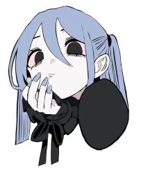 Rule 34 | 1girl, black eyes, blue hair, blue nails, closed mouth, colored sclera, flat color, frilled sleeves, frills, hair between eyes, hand up, head rest, highres, long hair, long sleeves, looking at viewer, nail polish, original, pink sclera, portrait, simple background, sleeves past wrists, solo, twintails, urokogaran, white background