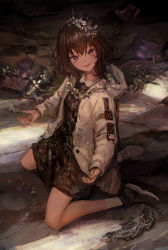 Rule 34 | 1girl, brown eyes, brown hair, crown, dress, flower, flower necklace, highres, jacket, jewelry, kneeling, lm7 (op-center), looking at viewer, necklace, open clothes, open jacket, open mouth, original, short hair, solo