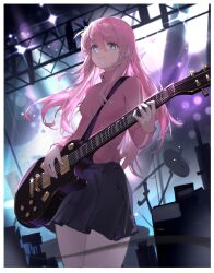 Rule 34 | 1girl, black skirt, blue eyes, bocchi the rock!, closed mouth, commentary request, cowboy shot, cube hair ornament, electric guitar, gotoh hitori, guitar, hair ornament, highres, holding, holding instrument, instrument, jacket, long hair, long sleeves, looking at viewer, meinoss, music, one side up, pink hair, pink jacket, playing instrument, skirt, solo, track jacket