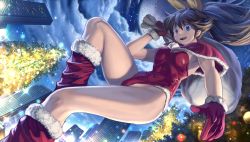 Rule 34 | 1girl, blue eyes, boots, brown hair, capelet, christmas, christmas tree, cloud, dutch angle, full moon, fur-trimmed boots, fur-trimmed capelet, fur-trimmed gloves, fur-trimmed leotard, fur trim, gloves, highleg, highleg leotard, highres, holding, holding sack, leotard, m.u.g.e.n, moon, night, oggy (oggyoggy), original, ponytail, red capelet, red footwear, red gloves, red leotard, ryuko (oggyoggy), sack, solo, strapless, strapless leotard
