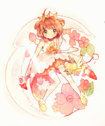 Rule 34 | 1girl, ahoge, blush, brown hair, cardcaptor sakura, cherry blossoms, crown, dress, elbow gloves, flower, fuuin no tsue, gloves, green eyes, highres, holding, holding wand, kero (cardcaptor sakura), kinomoto sakura, looking at viewer, magical girl, puffy shorts, short hair, shorts, smile, sunflower-m, thighhighs, two side up, wand, white dress, white thighhighs, wings
