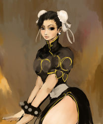 Rule 34 | 1girl, ass, breasts, brown eyes, brown hair, capcom, chun-li, female focus, gradient background, highres, huge ass, solo, street fighter, thick thighs, thighs