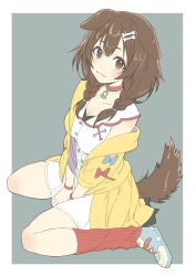 Rule 34 | 1girl, :3, absurdres, animal ears, bad id, bad twitter id, belt collar, between legs, blue footwear, braid, breasts, brown eyes, brown hair, cleavage, closed mouth, collar, commentary, copyright request, dog ears, dog girl, dog tail, donguri suzume, ears down, from side, grey background, hair ornament, hair over shoulder, hairclip, hand between legs, highres, hololive, inugami korone, inugami korone (1st costume), jacket, leg warmers, long hair, looking at viewer, medium breasts, off-shoulder jacket, off shoulder, shoes, simple background, sitting, skirt, smile, solo, tail, twin braids, virtual youtuber, wariza, white skirt, wristband, yellow jacket