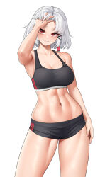 Rule 34 | 1girl, abs, black shorts, black sports bra, breasts, cleavage, commentary, drake (nikke), goddess of victory: nikke, highres, looking at viewer, navel, red eyes, short hair, short shorts, shorts, simple background, smile, solo, sports bra, thighs, wei xiao, white background, white hair