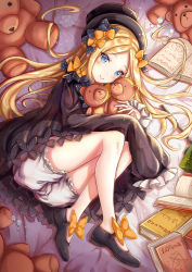 Rule 34 | 1girl, abigail williams (fate), bad id, bad pixiv id, black bow, black dress, black footwear, black hat, blonde hair, bloomers, blue eyes, blush, book, bow, bug, butterfly, closed mouth, commentary request, dress, fate/grand order, fate (series), fingernails, hair bow, hat, hugging object, insect, long hair, long sleeves, looking at viewer, lying, on side, open book, orange bow, parted bangs, polka dot, polka dot bow, shoes, smile, solo, stuffed animal, stuffed toy, teddy bear, underwear, very long hair, white bloomers, zhi yu (siro800102)