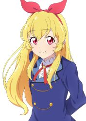 Rule 34 | 1girl, aikatsu!, aikatsu! (series), arms behind back, blonde hair, blue jacket, bow, closed mouth, commentary request, crust gm0, hair between eyes, hair bow, hairband, highres, hoshimiya ichigo, jacket, long hair, long sleeves, looking at viewer, neck ribbon, red bow, red eyes, red hairband, red ribbon, ribbon, school uniform, shirt, simple background, smile, solo, starlight academy school uniform, upper body, white background, white shirt