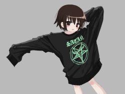 Rule 34 | 1girl, absurdres, black sweater, blush stickers, brown eyes, brown hair, gishiki (gshk), grey background, hand up, highres, kill me baby, long sleeves, looking at viewer, merchandise, oribe yasuna, oversized clothes, parted lips, pentagram, satan (mythology), short hair, simple background, sleeves past fingers, sleeves past wrists, solo, standing, stretching, sweater, white background