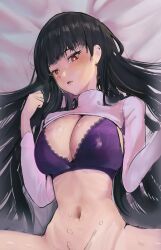 Rule 34 | 1girl, bed sheet, black hair, blue archive, blush, bottomless, bra, breasts, cleavage, commentary, cowboy shot, cum, cum on body, cum on stomach, from above, highres, implied after sex, lace, lace-trimmed bra, lace trim, large breasts, long hair, long sleeves, looking at viewer, navel, out-of-frame censoring, parted lips, pov, purple bra, red eyes, rio (blue archive), shirt, shrug (clothing), solo, solokitsune, spread legs, stomach, sweat, trembling, turtleneck, underwear, very long hair, white shirt