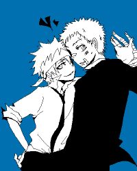 Rule 34 | 00s, 2boys, artist request, bandages, blue background, blue theme, blush, collared shirt, colonello, dress shirt, formal, heart, height difference, injury, katekyo hitman reborn!, long sleeves, lowres, male focus, monochrome, multiple boys, necktie, sasagawa ryohei, shirt, shueisha, simple background, sleeves past elbows, sleeves pushed up, standing, sweatdrop, white hair
