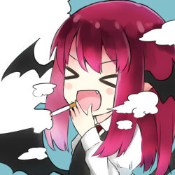 Rule 34 | &gt;:d, &gt; &lt;, 1girl, :d, black dress, blue background, blush stickers, chibi, cigarette, demon girl, demon wings, dress, closed eyes, fang, head wings, juliet sleeves, koakuma, long hair, long sleeves, low wings, nagata nagato, open mouth, puffy sleeves, red hair, shirt, simple background, smile, smoke, smoking, solo, touhou, upper body, v-shaped eyebrows, wings, xd