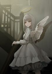 Rule 34 | 1girl, angel, angel wings, commentary request, dress, english text, expressionless, feet out of frame, halo, highres, light particles, long hair, long sleeves, looking at viewer, original, puffy long sleeves, puffy sleeves, sh (sh1030f), solo, stairs, white dress, white hair, wings, yellow eyes