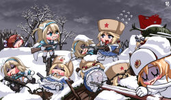 Rule 34 | 6+girls, absurdres, black footwear, blonde hair, blood, blood from mouth, blood on face, blue eyes, blue hairband, bolt action, boots, brown hair, capelet, chibi, chtv, clone, drum magazine, fur-trimmed capelet, fur hat, fur trim, girls&#039; frontline, gun, hair between eyes, hair bun, hair ornament, hairband, hat, highres, holding, holding gun, holding weapon, light brown hair, long hair, low twintails, ls26 (girls&#039; frontline), machine gun, magazine (weapon), military vehicle, mosin-nagant, mosin-nagant (girls&#039; frontline), motor vehicle, multiple girls, outdoors, panties, pantyhose, ppsh-41, ppsh-41 (girls&#039; frontline), red flag, red star, rifle, sidelocks, single side bun, skirt, snowflake hair ornament, star (symbol), striped clothes, striped skirt, submachine gun, suomi (girls&#039; frontline), suomi kp/-31, tank, thighhighs, trench, twintails, underwear, ushanka, vertical-striped clothes, vertical-striped skirt, war, weapon, white footwear, white panties, white pantyhose, white skirt, white thighhighs