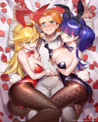 Rule 34 | 1boy, 2girls, animal ears, blonde hair, blue eyes, blush, bow, bowtie, breasts, brief (psg), cleavage, detached collar, fake animal ears, fake tail, fishnet pantyhose, fishnets, formal, girl sandwich, large breasts, leotard, multicolored hair, multiple girls, open collar, orange hair, panty &amp; stocking with garterbelt, panty (psg), pantyhose, petals, playboy bunny, purple hair, rabbit ears, rabbit tail, rose petals, sandwiched, siblings, siriuflong, sisters, smile, stocking (psg), strapless, strapless leotard, suit, tail, tuxedo, twintails, two-tone hair, wavy mouth, white suit, wrist cuffs