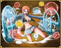 Rule 34 | 1girl, breasts, brown eyes, cleavage, enies lobby, female focus, fighting stance, large breasts, midriff, nami (one piece), official art, one piece, orange hair, skirt, solo