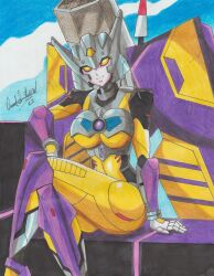 Rule 34 | 1girl, 2022, absurdres, alien, armor, breasts, crossed legs, decepticon, helmet, highres, large breasts, mechanical arms, mechanical wings, ravernclouk design, robot, sitting, smile, thighs, thunderblast, traditional media, transformers, transformers cybertron, transformers unicron trilogy, underboob, wings, yellow eyes