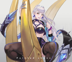 Rule 34 | 1girl, absurdres, between breasts, blue eyeshadow, blue jacket, blush, bracelet, breasts, brown legwear, claw (weapon), claws, convenient censoring, earrings, english text, evelynn (league of legends), eyeshadow, grey background, grey hair, highres, huge filesize, jacket, jewelry, k/da (league of legends), lan xiezi, league of legends, long hair, makeup, o-ring, parted lips, purple lips, slit pupils, smile, solo, spikes, spread legs, squatting, weapon, yellow eyes