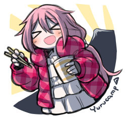 Rule 34 | &gt; &lt;, 1girl, blush stickers, chibi, chopsticks, coat, commentary request, copyright name, cup ramen, dress, food, hair between eyes, kagamihara nadeshiko, kugelschreiber, long hair, low twintails, mount fuji, noodles, open mouth, pink hair, ramen, rising sun flag, smile, solo, sunburst, twintails, upper body, volcano, yurucamp