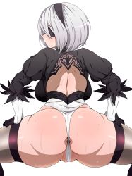 Rule 34 | 1girl, anus, ass, blindfold, blush, breasts, furau, hairband, highres, huge ass, large breasts, leotard, looking at viewer, looking back, nier (series), nier:automata, parted lips, partially visible anus, shiny skin, short hair, skirt, solo, squatting, sweat, thick thighs, thighhighs, thighs, thong leotard, wedgie, white hair, white leotard, 2b (nier:automata)