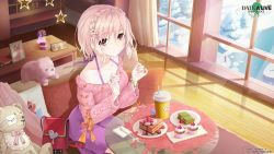 Rule 34 | bag, cake, closed mouth, cupcake, curtains, date a live, date a live: spirit pledge, food, fork, handbag, highres, jewelry, key, notebook, pine tree, pink hair, pink sweater, purple skirt, ring, short hair, skirt, smile, snowman, solo, sonogami rinne, star ornament, strawberry cake, stuffed animal, stuffed toy, sweater, teddy bear, tree, window, winter
