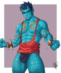 Rule 34 | 1boy, abs, bara, bare arms, bare pectorals, blue hair, blue oni, blue skin, bracelet, bulge, chest hair, clenched hands, colored skin, dark blue hair, earrings, facial hair, fishnet pantyhose, fishnets, hairy, horns, jasdavi, jewelry, large pectorals, male focus, multicolored hair, muscular, navel, navel hair, nipples, oni, oni horns, orange eyes, orange hair, orange tank top, original, oskar (jasdavi), pantyhose, pectorals, pointy ears, red eyes, short hair, sideburns, solo, spiked bracelet, spikes, streaked hair, stubble, tank top, thick thighs, thighs