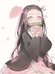 Rule 34 | 1girl, bamboo, bit gag, black hair, black jacket, blunt ends, clothing request, covered mouth, flower, gag, gagged, gradient hair, hair ribbon, jacket, japanese clothes, kamado nezuko, kimetsu no yaiba, kimono, long hair, long sleeves, looking at viewer, mouth hold, multicolored hair, petals, pink eyes, pink flower, pink kimono, pink ribbon, ribbon, shiro noo, solo, white background, white trim, wide sleeves