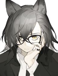 Rule 34 | 1girl, akechi (826988799), animal ears, arknights, black-framed eyewear, black jacket, commentary request, glasses, grey hair, jacket, long sleeves, looking at viewer, penance (arknights), shirt, short hair, solo, upper body, white shirt, wolf ears, yellow eyes