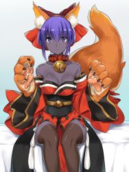 Rule 34 | 1girl, absurdres, alternate costume, animal ear fluff, animal ears, animal hands, bare shoulders, bell, blue background, bow, breasts, collar, cosplay, dark-skinned female, dark skin, detached sleeves, fake animal ears, fake tail, fate/grand order, fate/prototype, fate/prototype: fragments of blue and silver, fate (series), fox ears, fox tail, gloves, hair bow, hairband, hassan of serenity (fate), highres, japanese clothes, jingle bell, kimono, looking at viewer, medium breasts, neck bell, obi, ouhina, paw gloves, purple eyes, purple hair, red bow, red kimono, sash, short hair, short kimono, sitting, solo, tail, tamamo (fate), tamamo cat (fate), tamamo cat (fate) (cosplay), tamamo cat (first ascension) (fate), thighhighs, wide sleeves