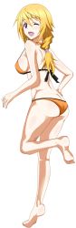 Rule 34 | 10s, 1girl, absurdres, ass, barefoot, bikini, blonde hair, blush, breasts, butt crack, charlotte dunois, extraction, female focus, full body, highres, infinite stratos, legs, long hair, looking back, one eye closed, open mouth, orange bikini, purple eyes, simple background, solo, swimsuit, thighs, third-party edit, wink