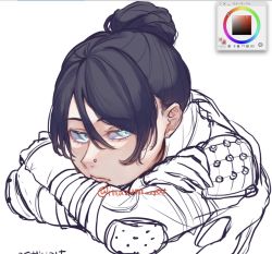 Rule 34 | 1girl, animification, apex legends, black hair, blue eyes, color picker, crossed arms, hair behind ear, hair bun, highres, imazumi you, leaning forward, nose piercing, partially colored, piercing, single hair bun, sketch, solo, unfinished, white background, wraith (apex legends)