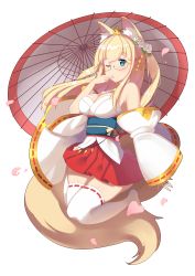 Rule 34 | 1girl, absurdres, animal ears, bare shoulders, blonde hair, blue eyes, breasts, chou shippai-saku, detached collar, detached sleeves, fingers to mouth, flower, fox ears, fox tail, glasses, hair flower, hair ornament, heart, highres, japanese clothes, large breasts, lilian fox, long sleeves, looking at viewer, oil-paper umbrella, one eye closed, pleated skirt, red skirt, ribbon-trimmed legwear, ribbon trim, rose, skirt, solo, strapless, tail, thighhighs, transparent background, uchi no hime-sama ga ichiban kawaii, umbrella, white flower, white rose, white thighhighs, wide sleeves