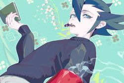 Rule 34 | 1boy, alternate costume, black hair, black sweater, blue eyes, book, commentary request, creatures (company), cup, from below, game freak, green background, grimsley (pokemon), gyakumushi, hair between eyes, holding, holding book, looking at viewer, looking down, mouth hold, mug, nintendo, pants, pokemon, pokemon bw, short hair, sideburns, solo, spiked hair, steam, sweater, white pants