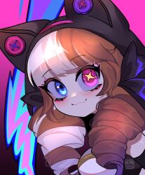Rule 34 | 1girl, :3, animal ears, artist name, black bow, black hood, blue eyes, bow, brown hair, buttons, fake animal ears, gwen (league of legends), hair bow, heterochromia, highres, hood, hood up, league of legends, mizah (mizah), multicolored hair, pink background, pink eyes, smile, solo, soul fighter gwen, two-tone hair, white hair