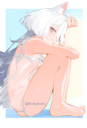 Rule 34 | 1girl, barefoot, cat girl, hair over one eye, looking at viewer, miorine rembran, nirdlestudio, pajamas, see-through, sitting, solo, white hair