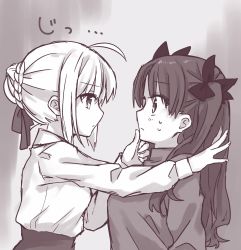 Rule 34 | 2girls, ahoge, artoria pendragon (all), artoria pendragon (fate), blush, braid, eye contact, fate/stay night, fate (series), french braid, from side, greyscale, hair between eyes, hand on another&#039;s chin, highres, long hair, looking at another, monochrome, multiple girls, saber (fate), sidelocks, sweat, tanka kikurage, tohsaka rin, touching another&#039;s chin, kabedon, yuri