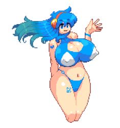 Rule 34 | 1girl, blue hair, breasts, character request, copyright request, covered erect nipples, huge breasts, lowres, pixel art, solo, tagme, yumurama