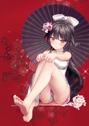 Rule 34 | 1girl, azur lane, bare arms, bare legs, bare shoulders, barefoot, black hair, black umbrella, blush, bow, breasts, brown eyes, china dress, chinese clothes, closed mouth, commentary request, dress, feet, fingernails, floral background, flower, gio (maroon0924), hair bow, hair flower, hair ornament, long hair, looking at viewer, medium breasts, oil-paper umbrella, pink flower, purple flower, red background, signature, sitting, sleeveless, sleeveless dress, soles, solo, takao (azur lane), takao (the lessons of spring) (azur lane), toenails, toes, umbrella, very long hair, white bow, white dress