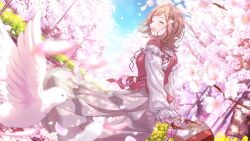 Rule 34 | 1girl, arms behind back, bag, bird, blue sky, blurry, blush, brown hair, cherry blossoms, closed eyes, depth of field, dutch angle, feathers, game cg, hair ornament, hairclip, handbag, holding, holding bag, idolmaster, idolmaster shiny colors, lace, lace-trimmed shirt, lace-trimmed skirt, lace trim, lamppost, lens flare, light brown hair, long skirt, looking back, medium hair, official art, open mouth, outdoors, petals, pink vest, ribbed sweater, ribbon, sakuragi mano, shirt, skirt, sky, smile, solo, sweater, sweater vest, tree, vest, white bird, white shirt