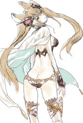 Rule 34 | 10s, 1girl, animal ears, ass, breasts, brown eyes, butt crack, cape, covered erect nipples, cowboy shot, erune, from behind, granblue fantasy, hair ornament, light brown hair, long hair, looking back, medium breasts, metera (granblue fantasy), natsuhiko, over-kneehighs, shaft look, simple background, solo, thighhighs, twintails, white background, white thighhighs